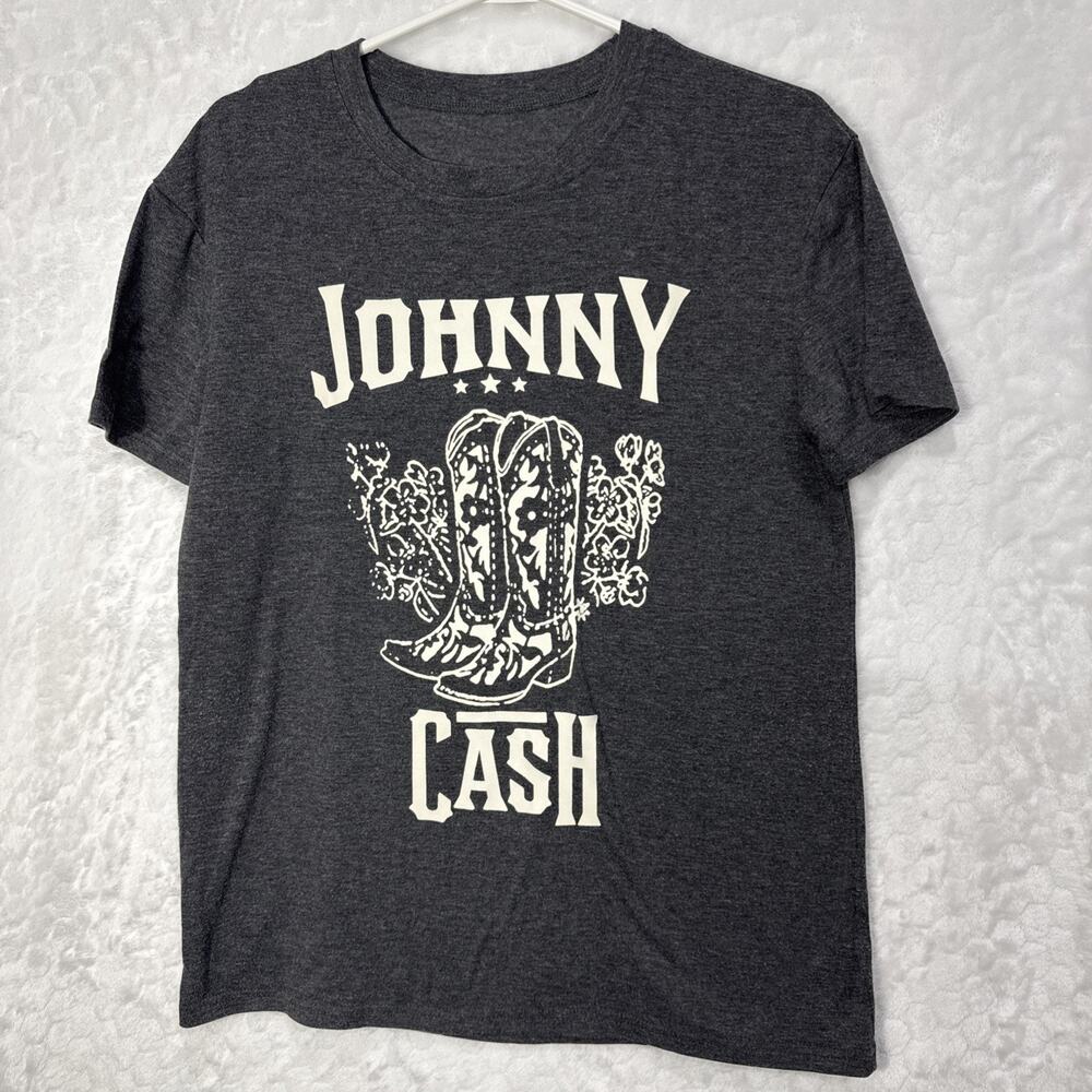 Johnny Cash Shirt Gray Cowboy Boots Short Sleeve Tee Mens Small
